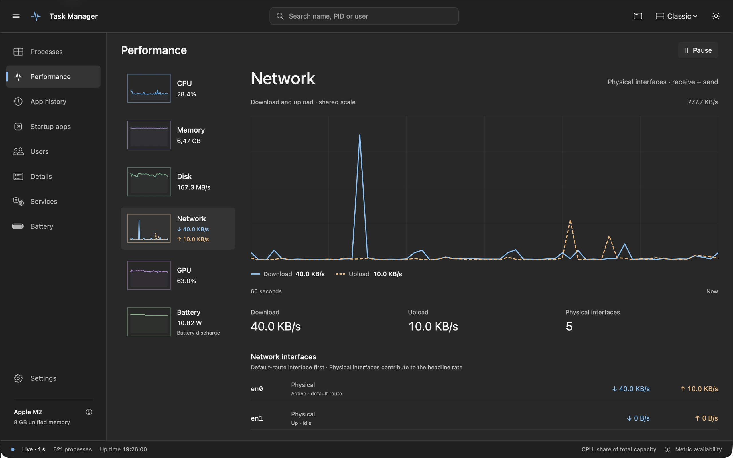 Network view with a blue download line, orange upload line and active interface first